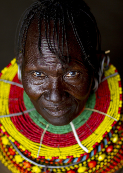 Turkana tribe woman with huge necklaces and earrings, Turkana lake, Loiyangalani, Kenya