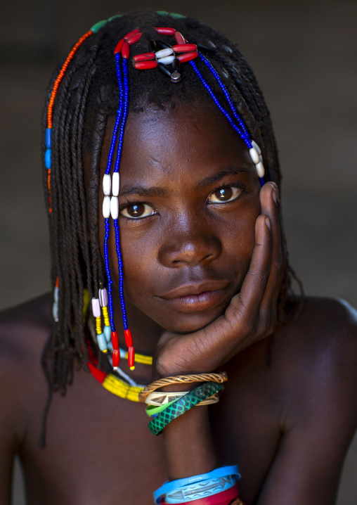 Portrait of a Mucawana tribe girl, Kunene region, Ruacana, Namibia