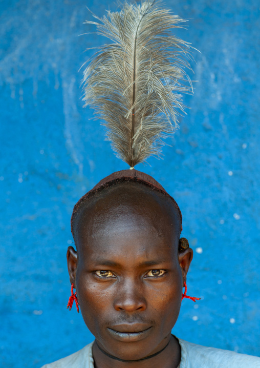Hamer man with feather on his head, Dimeka, Omo valley, Ethiopia