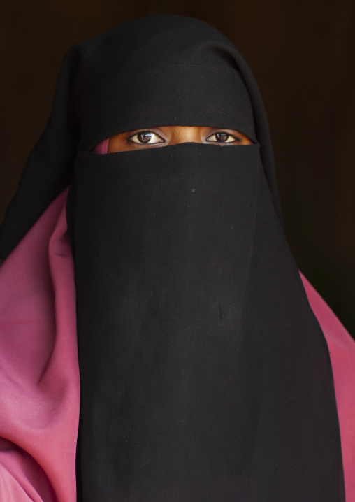 Portrait of a woman wearing a black niqab, Maroodi Jeh region, Hargeisa, Somaliland
