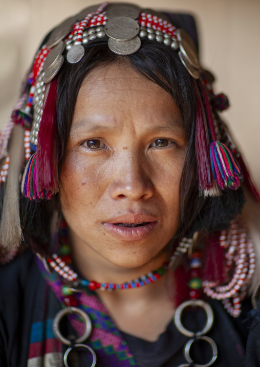 Akha minority woman with traditional headdress, Luang Namtha, Ban Ta Mi, Laos