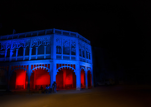 Ottoman building with light painting at night, Northern Red Sea, Massawa, Eritrea