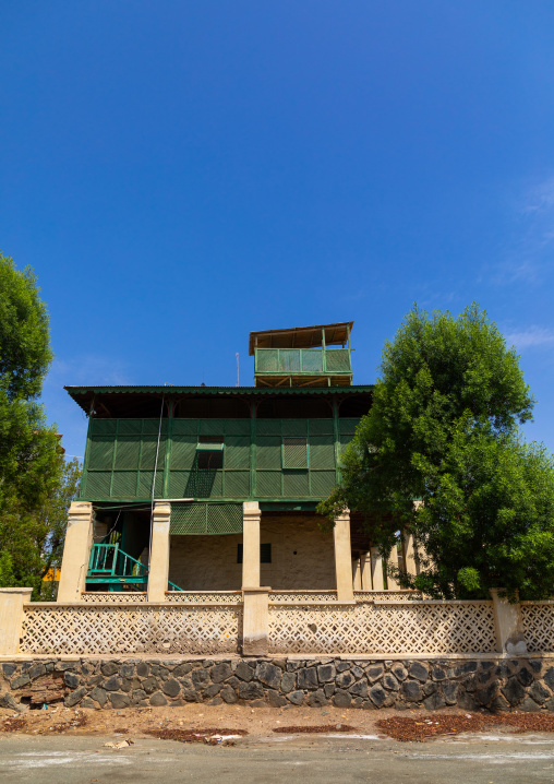 Old colonial building with green wooden balcony, Northern Red Sea, Massawa, Eritrea