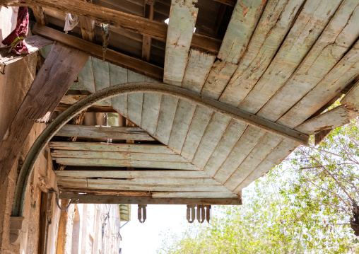 Detail of the wooden roof of the train station from italian colonial era, Northern Red Sea, Massawa, Eritrea