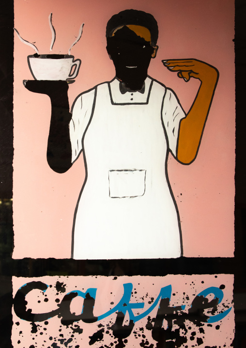 Old italian caffe billboard on a shop, Central region, Asmara, Eritrea