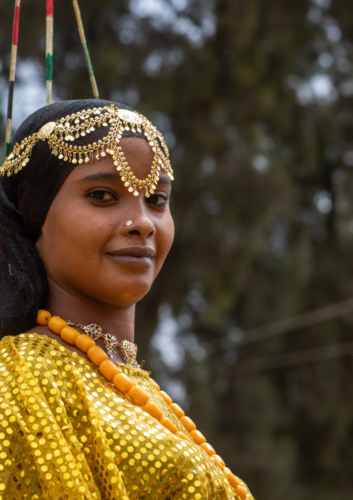 Afar tribe woman dancing during expo festival, Central region, Asmara, Eritrea