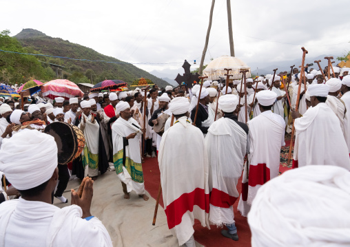 Priests dancing during a celebration in Bilbaia Giorgis, Amhara Region, Lalibela, Ethiopia