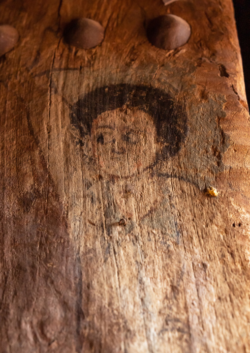 Old painting on the door of Bet Mercurios rock-hewn church, Amhara Region, Lalibela, Ethiopia