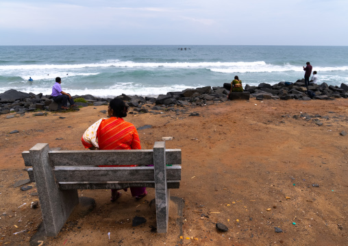 Indian people on the restored beach, Pondicherry, Puducherry, India