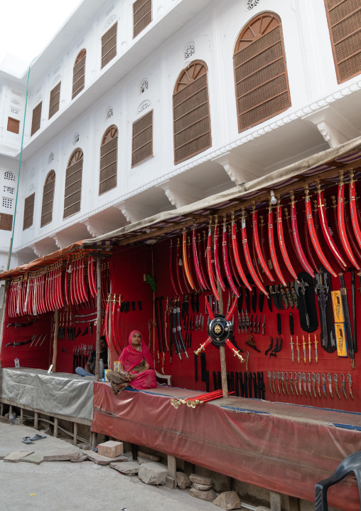 Shop selling swords during the camel festival, Rajasthan, Pushkar, India