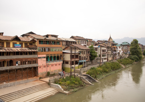 Kashmiri heritage buildings along Jhelum River, Jammu and Kashmir, Srinagar, India