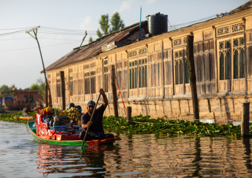 Man on a boat passing in front of a houseboat on Dal Lake, Jammu and Kashmir, Srinagar, India