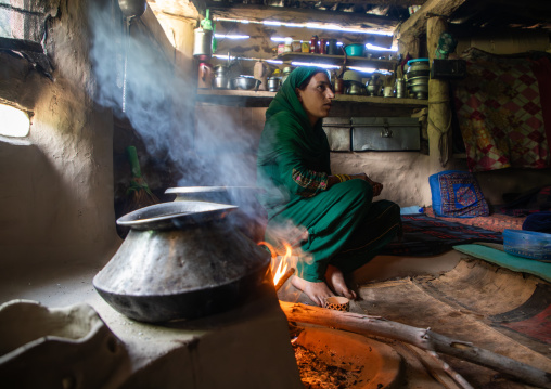 Gujjar Bakerwal woman inside her summer house, Jammu and Kashmir, Kangan, India