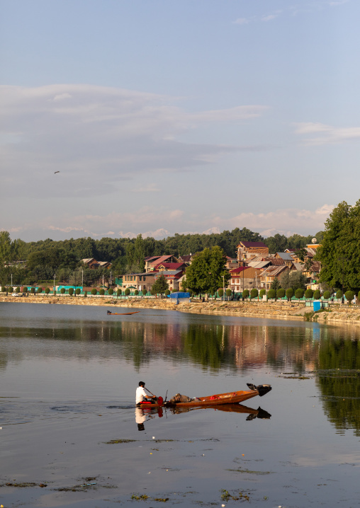 Kashmiri fisherman on Dal Lake at morning, Jammu and Kashmir, Srinagar, India