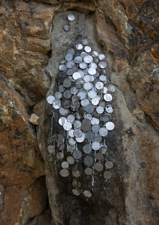 Money offerings in Mulbekh Gompa on Srinagar-Leh highway, Ladakh, Kargil, India