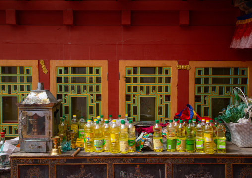 Oil bottles in Hemis monastery, Ladakh, Hemis, India