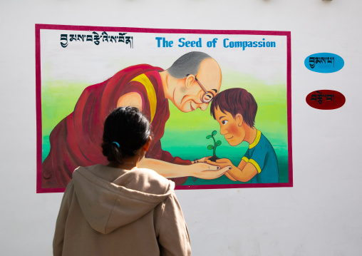 Tibetan SOS children village mural depicting Dalai Lama, Ladakh, Leh, India