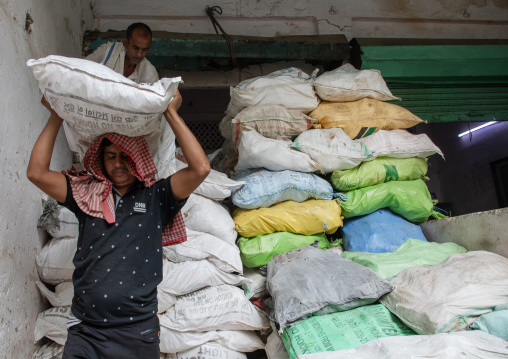 Indian man carrying bags on the head in old Delhi, Delhi, New Delhi, India