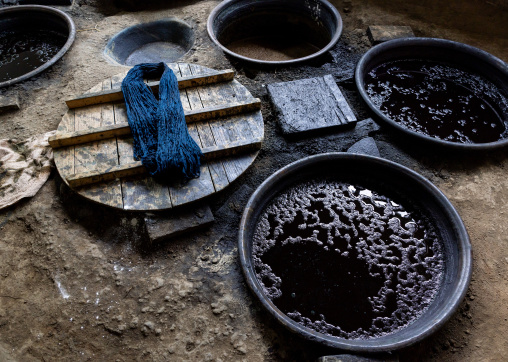 Kurume Kasuri indigo dyeing process in Aika Tanaka Kasuri Kobo workshop, Kyushu region, Chikugo, Japan