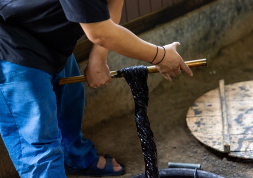 Kurume Kasuri indigo dyeing process in Aika Tanaka Kasuri Kobo workshop, Kyushu region, Chikugo, Japan
