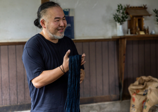 Kurume Kasuri indigo dyeing process in Aika Tanaka Kasuri Kobo workshop, Kyushu region, Chikugo, Japan