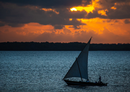 Dhow at sunset in Kizingoni beach, Lamu County, Lamu, Kenya