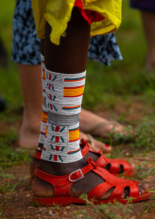 Samburu man with beaded decorations on the legs, Samburu County, Samburu National Reserve, Kenya