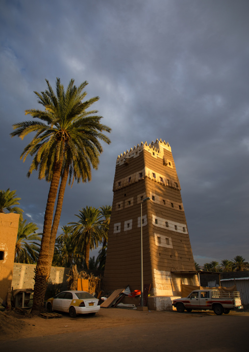 Traditional old mud house with palm trees, Najran Province, Najran, Saudi Arabia