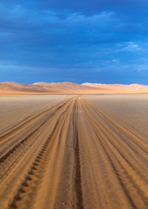 Car tracks in Rub al Khali, Najran Province, Thar, Saudi Arabia