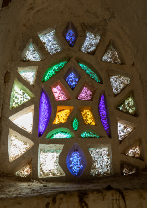Glass window of a traditional old mud house, Najran Province, Najran, Saudi Arabia