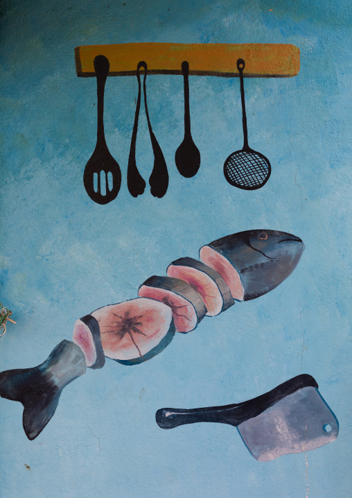 Mural painting of a fish shop in the market, Jazan Province, Farasan, Saudi Arabia