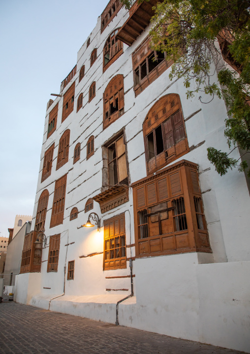 Old house with wooden mashrabiya in al-Balad quarter, Mecca province, Jeddah, Saudi Arabia