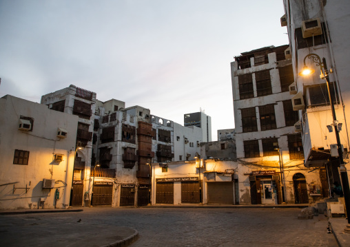 Old houses with wooden mashrabiya in al-Balad quarter, Mecca province, Jeddah, Saudi Arabia