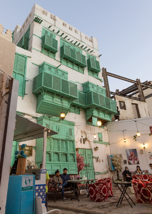 Cafe in an old house with wooden mashrabiya in al-Balad quarter, Mecca province, Jeddah, Saudi Arabia