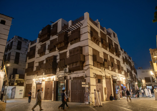 Old house with wooden mashrabiya in al-Balad quarter, Mecca province, Jeddah, Saudi Arabia