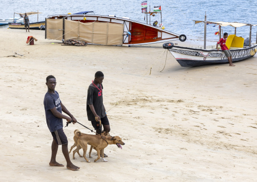 Kenyan men on the beach with dogs, Lamu County, Shella, Kenya