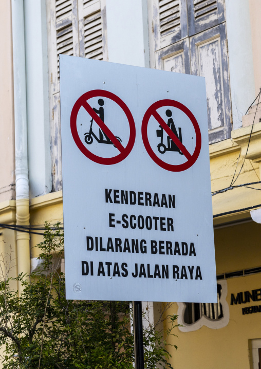 Sign in the stret to forbid electric scooter, Penang island, George Town, Malaysia