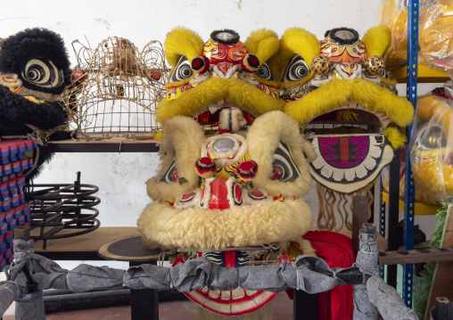 Traditional lion masks in Loo Pun Hong temple, Penang island, George Town, Malaysia