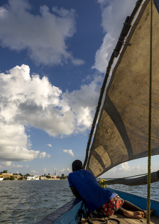 Man sailing on a dhow, Nampula Province, Island of Mozambique, Mozambique