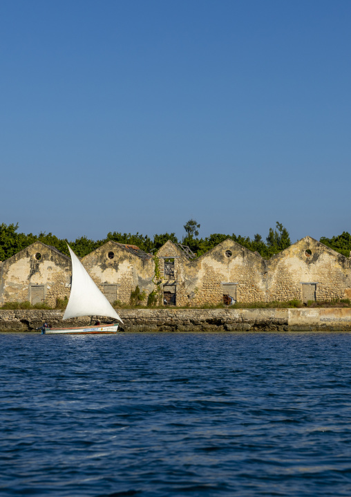 Dhow in front of old warehouses, Nampula Province, Island of Mozambique, Mozambique