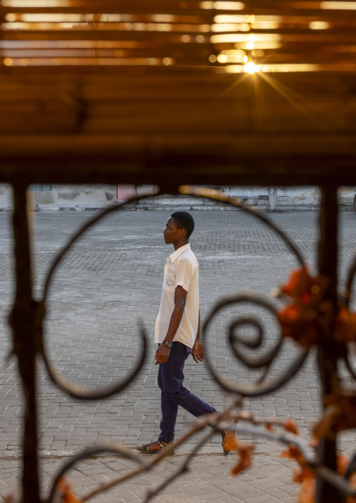 Boy walking in the street seen throught wrought iron, Nampula Province, Island of Mozambique, Mozambique
