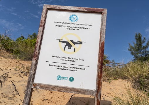 No drone zone warning sign, Bazaruto archipelago, Bazaruto island, Mozambique