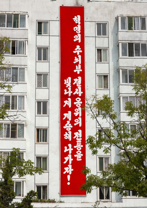 Propaganda billboard in the street, DGC, Pyongyang, North Korea