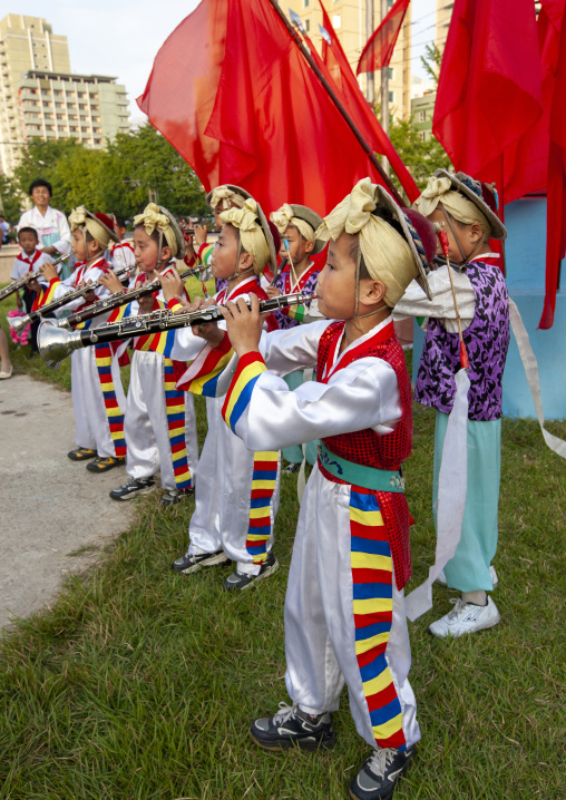 Pungmul children artists during the 60th anniversary of the regim, DGC, Pyongyang, North Korea