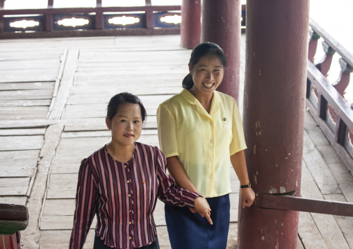 North Korean women in a pagoda, North Hwanghae, Sariwon, North Korea