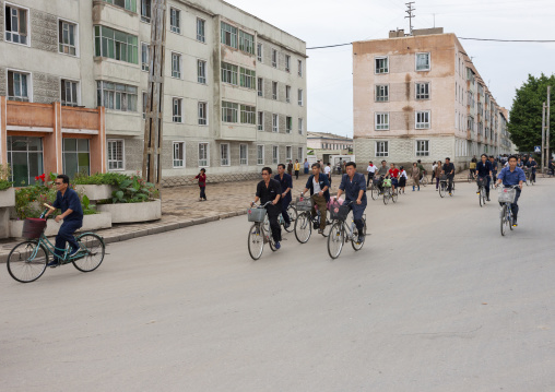 North Korean people riding bicycles, North Hwanghae, Kaesong, North Korea