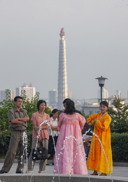 JNorth korean people in front of the uche tower, DGC, Pyongyang, North Korea