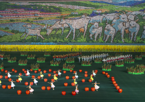 Children holding up boards during Arirang to create goats grazing, DGC, Pyongyang, North Korea