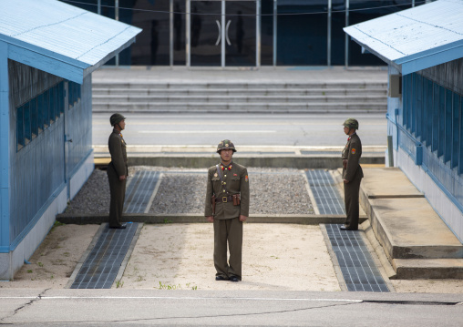 North Korean soldiers with helmets standing in the DMZ, North Hwanghae, Panmunjom, North Korea
