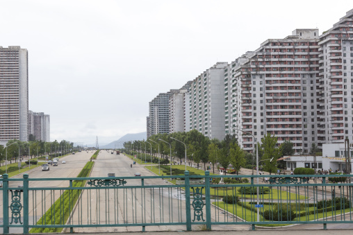 Buildings along a large avenue in the city center, DGC, Pyongyang, North Korea